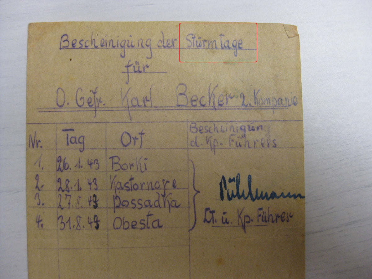 Besitzzeugnis Verleihungsurkunden Eisernes Kreuz Sturmabzeichen Kriegsverdienstkreuz etc etc !! Ostfront