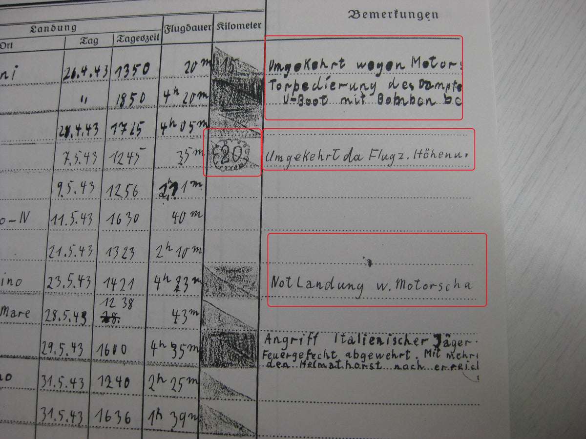 Kopie Flugbuch Luftwaffe Träger goldene Frontflugspange 974 Flüge mit 163 (!!) eingetragenen Feindflügen