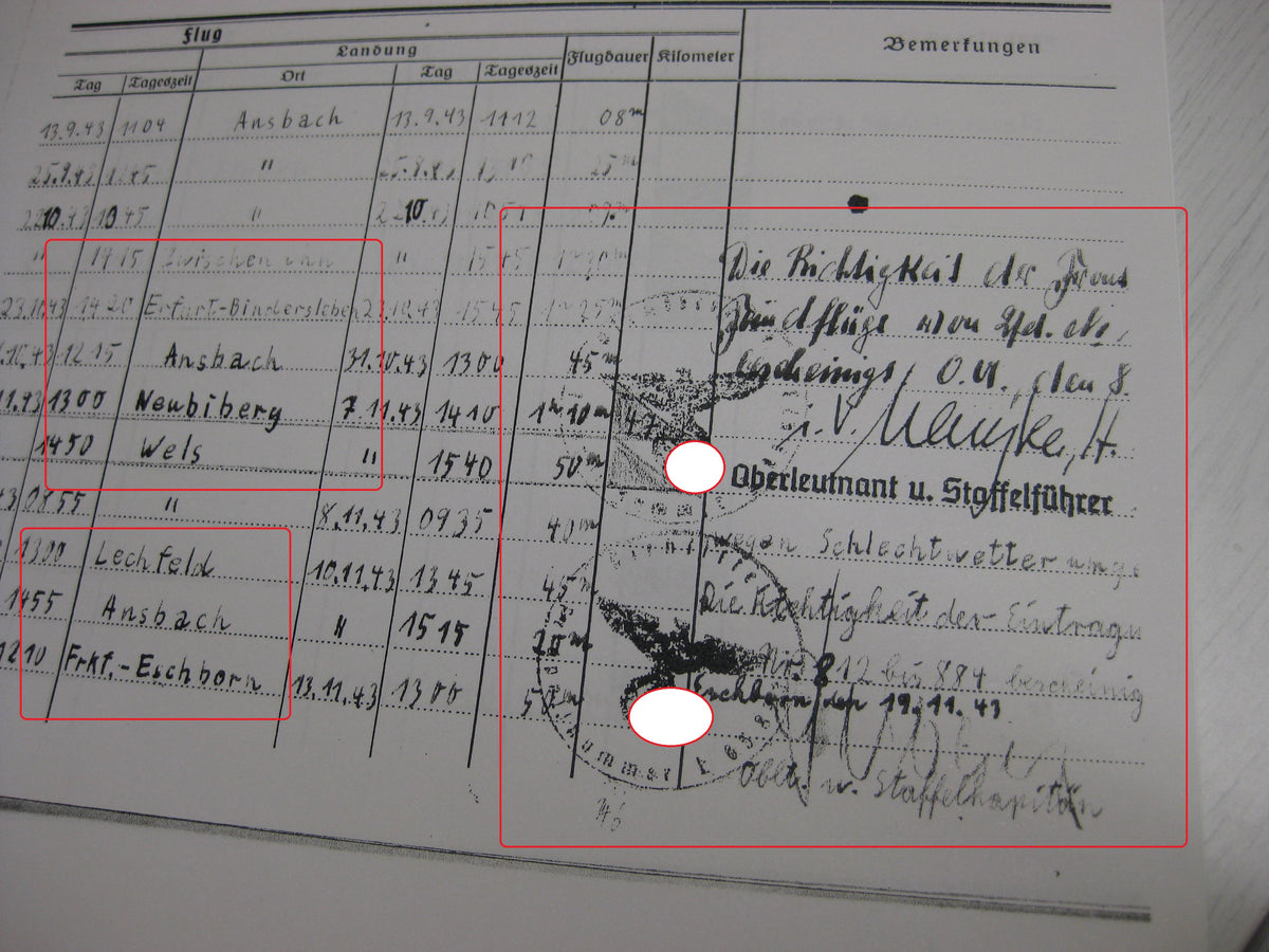 Kopie Flugbuch Luftwaffe Träger goldene Frontflugspange 974 Flüge mit 163 (!!) eingetragenen Feindflügen