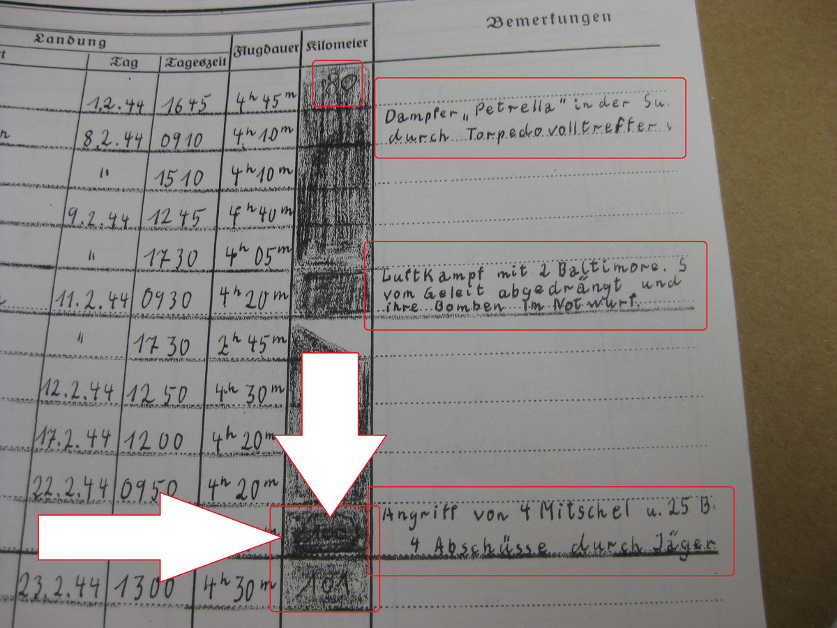 Kopie Flugbuch Luftwaffe Träger goldene Frontflugspange 974 Flüge mit 163 (!!) eingetragenen Feindflügen