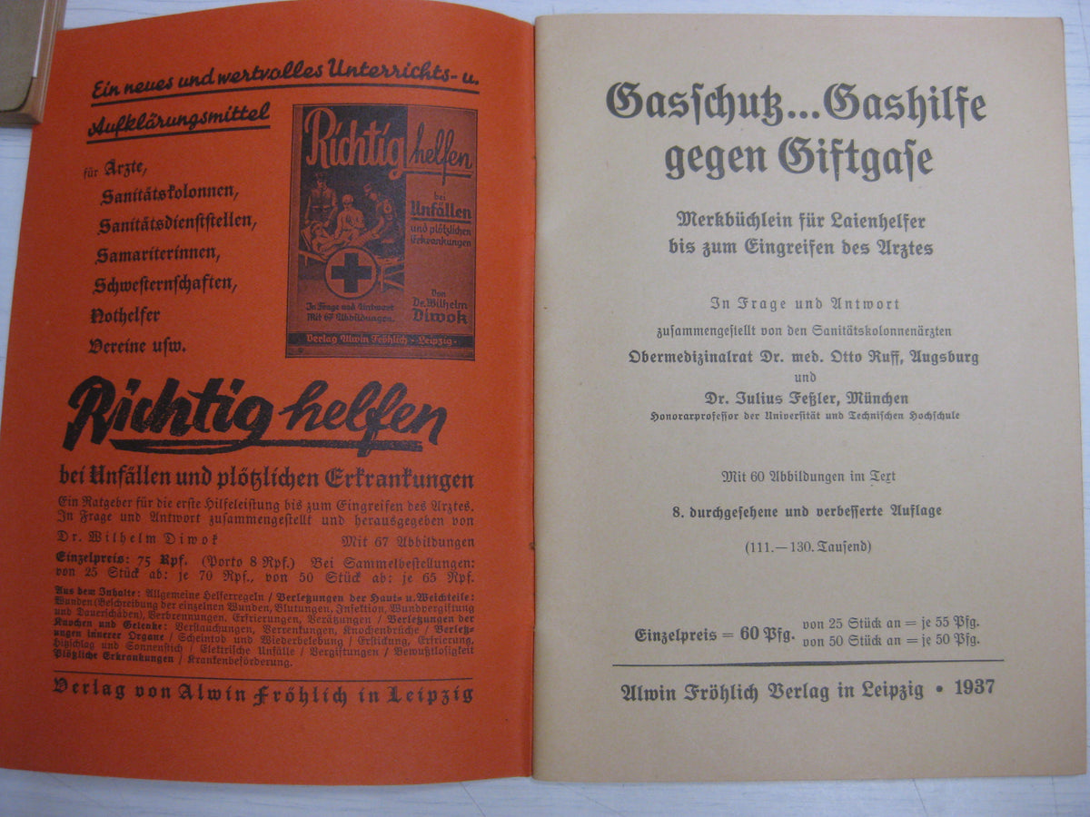 Originalausgabe Heft / Buch Gasschutz Gashilfe gegen Giftgase