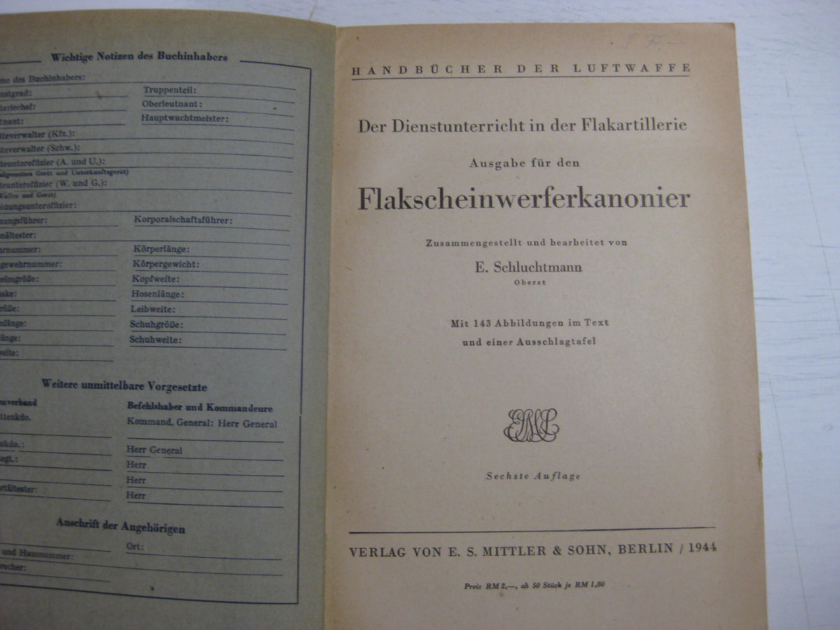 Originalausgabe Heft / Buch Flakscheinwerferkanonier