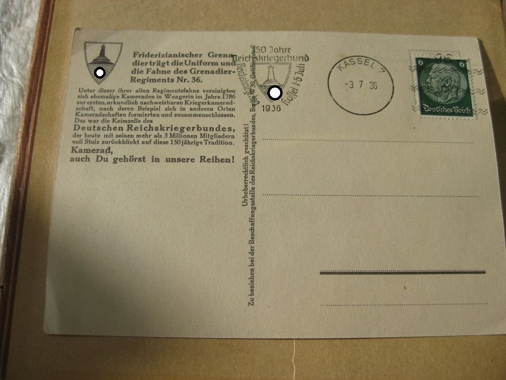 Postkarte 150 Jahre deutscher Reichskriegerbund  1786 - 1936 Fahne Standarte Grenadier Regiment 36 Wehrmacht 3.Reich