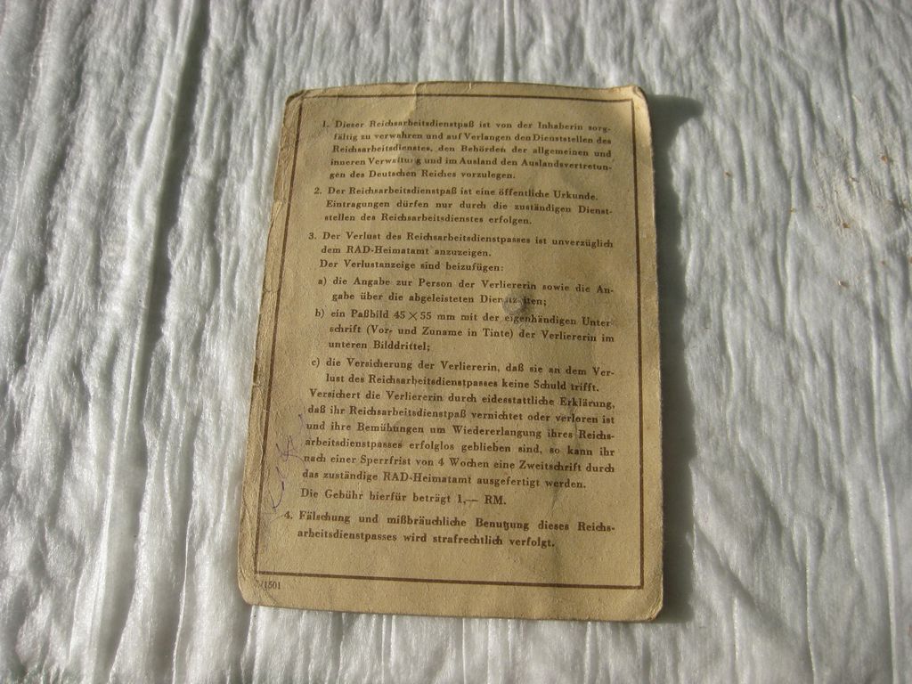 Arbeitsdienstpaß weiblicher Reichsarbeitsdienst (RADwJ)1942 in Kassel Gau Kurhessen