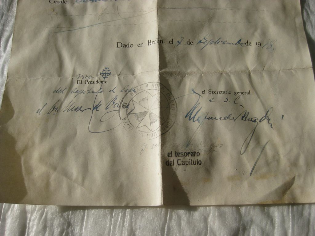 spanische Urkunde Orden Spanien Madrid &amp; Berlin 1918 Verleihungsurkunde