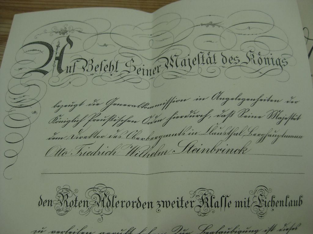 Verleihungsurkunde Roter Adler Orden 2.Klasse mit Eichenlaub Preußen 1913 Clausthal-Zellerfeld / Harz Goslar Königreich Kaiserreich Komturkreuz Halskreuz Halsorden