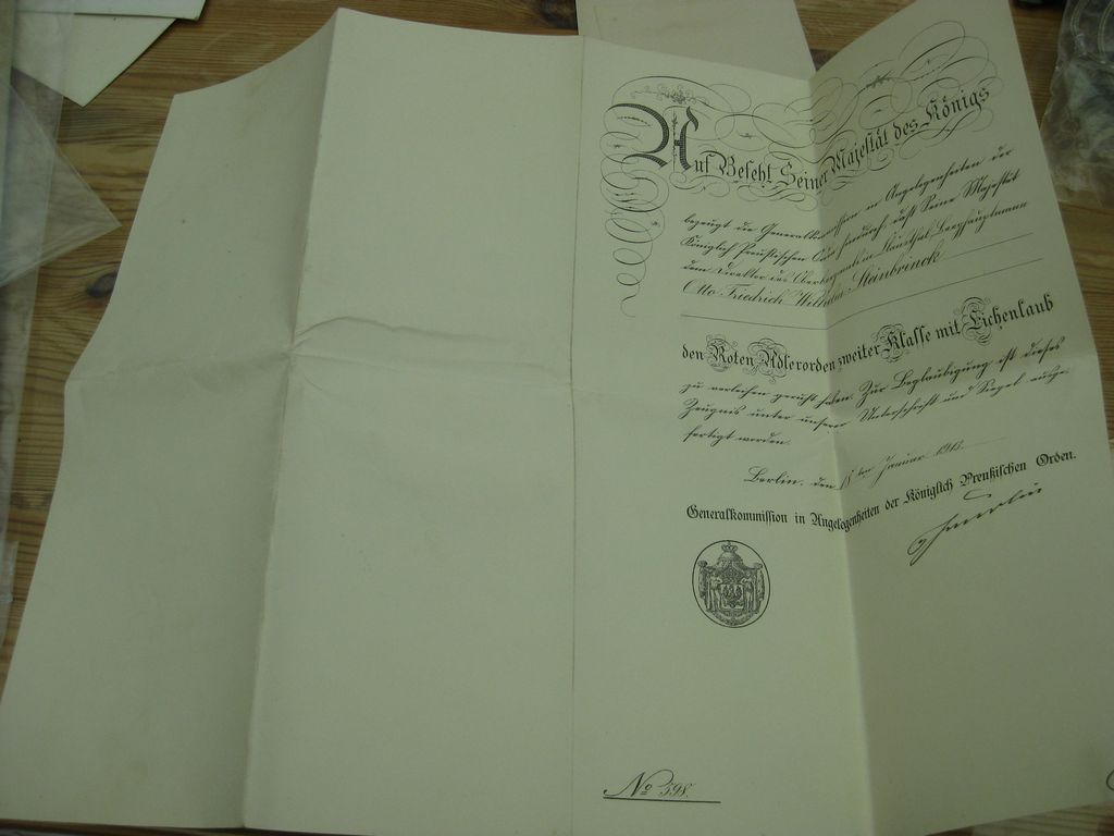 Verleihungsurkunde Roter Adler Orden 2.Klasse mit Eichenlaub Preußen 1913 Clausthal-Zellerfeld / Harz Goslar Königreich Kaiserreich Komturkreuz Halskreuz Halsorden