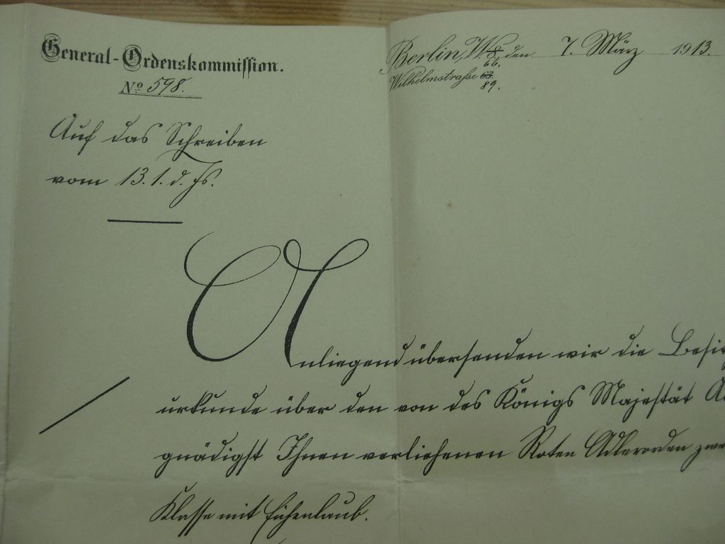 Verleihungsurkunde Roter Adler Orden 2.Klasse mit Eichenlaub Preußen 1913 Clausthal-Zellerfeld / Harz Goslar Königreich Kaiserreich Komturkreuz Halskreuz Halsorden