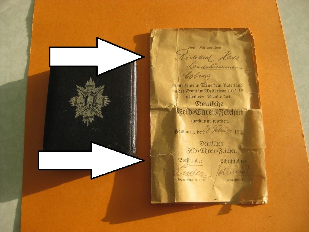 Besitzzeugnis zum Deutsches Feldehrenzeichen Hamburg COBURG Sachsen