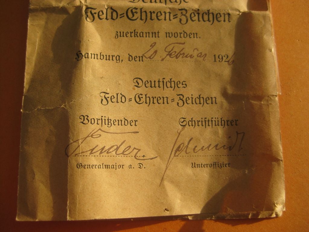 Besitzzeugnis zum Deutsches Feldehrenzeichen Hamburg COBURG Sachsen