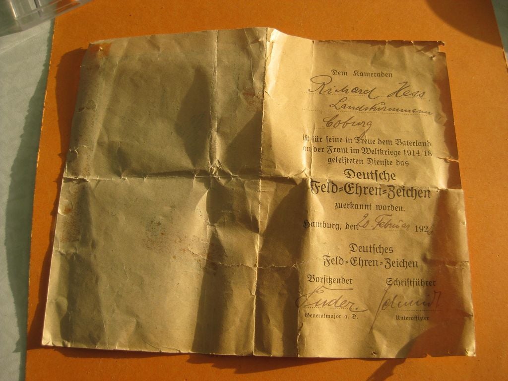 Besitzzeugnis zum Deutsches Feldehrenzeichen Hamburg COBURG Sachsen