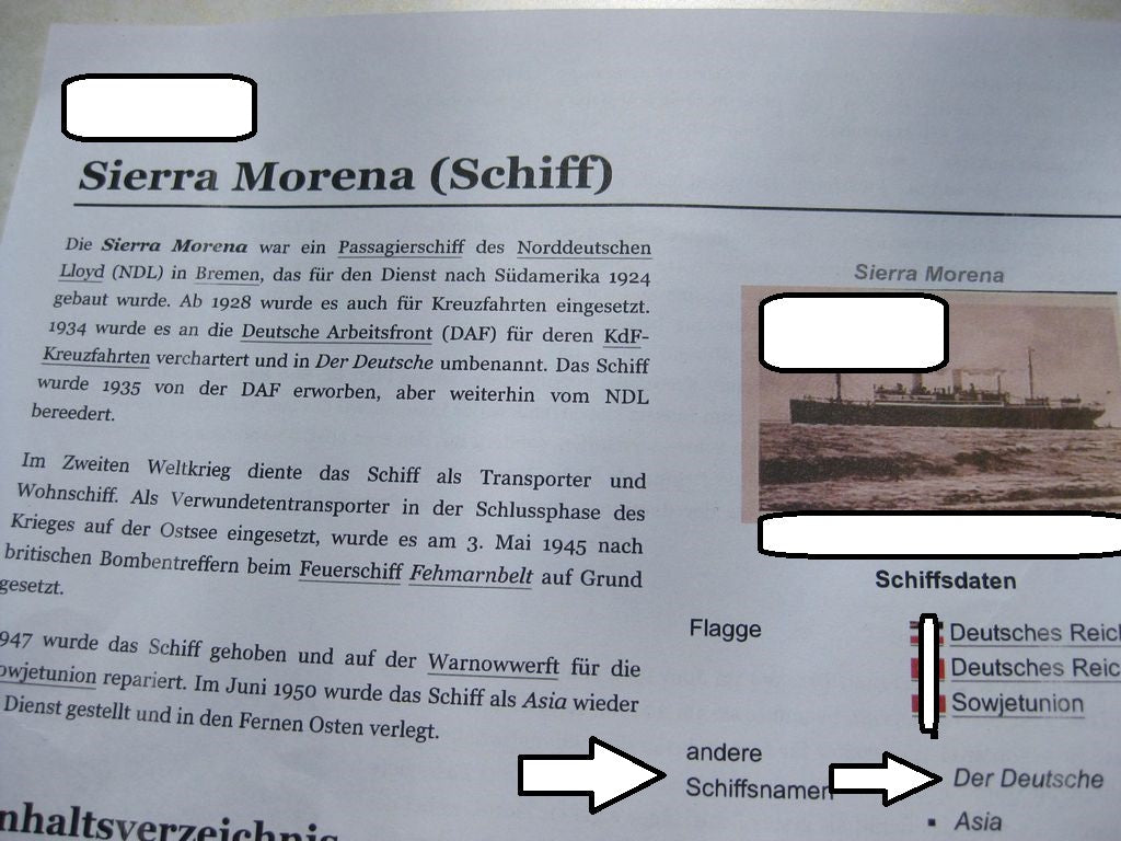 Erinnerungsgeschenk KDF Passagierdampfer SIERRA MORENA / &quot;DER DEUTSCHE&quot; Rücktransport der Legion Condor im Jahre 1939