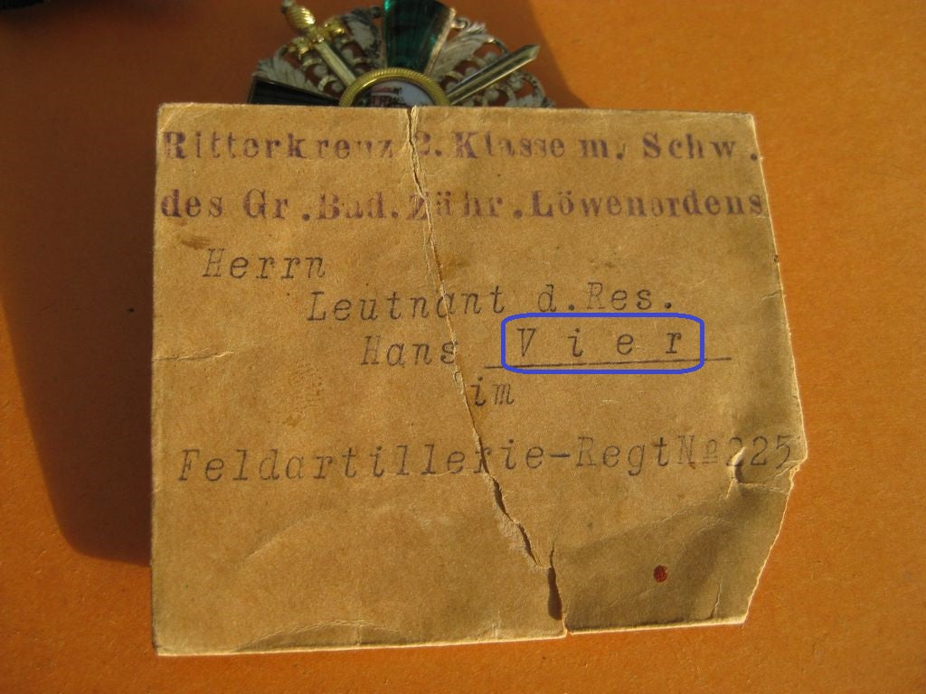 Baden Ritterkreuz 2.Klasse mit Schwertern vom Zähringer Löwen im sehr seltenen VERLEIHUNGSETUI MIT Verleihungstüte Leutnant VIER