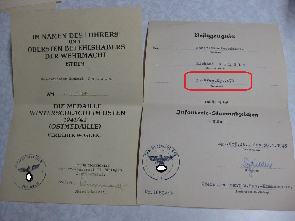 Besitzzeugnis Verleihungsurkunde Eisernes Kreuz Verwundetenabzeichen in Gold Infanterie Sturmabzeichen Ostmedaille etc etc  Wehrmacht