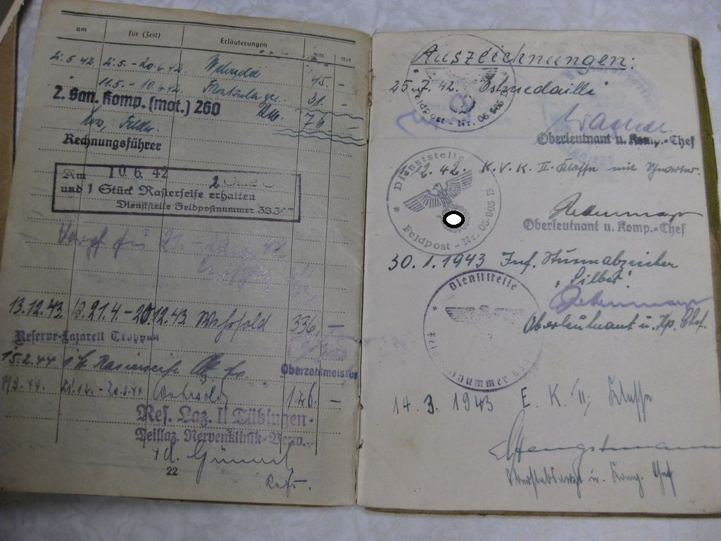 Besitzzeugnis Verleihungsurkunde Eisernes Kreuz Verwundetenabzeichen in Gold Infanterie Sturmabzeichen Ostmedaille etc etc  Wehrmacht