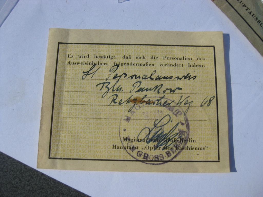 Nachlass Ausweis für Verfolgte des Nationalsozialismus Berlin 1947