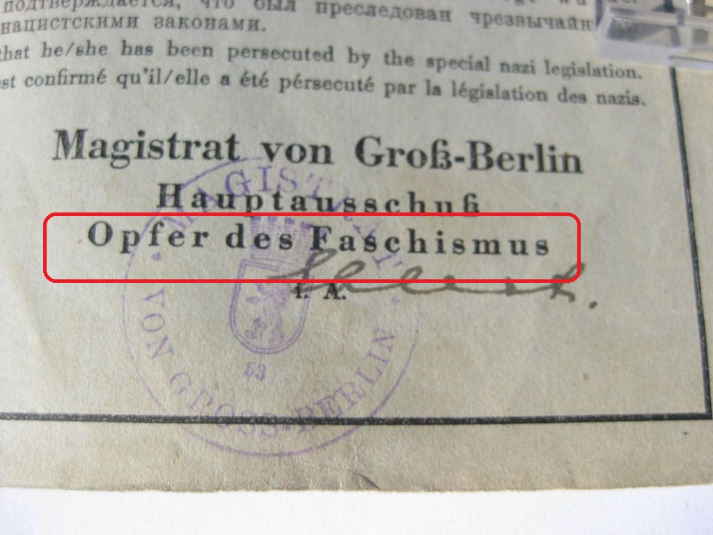 Nachlass Ausweis für Verfolgte des Nationalsozialismus Berlin 1947