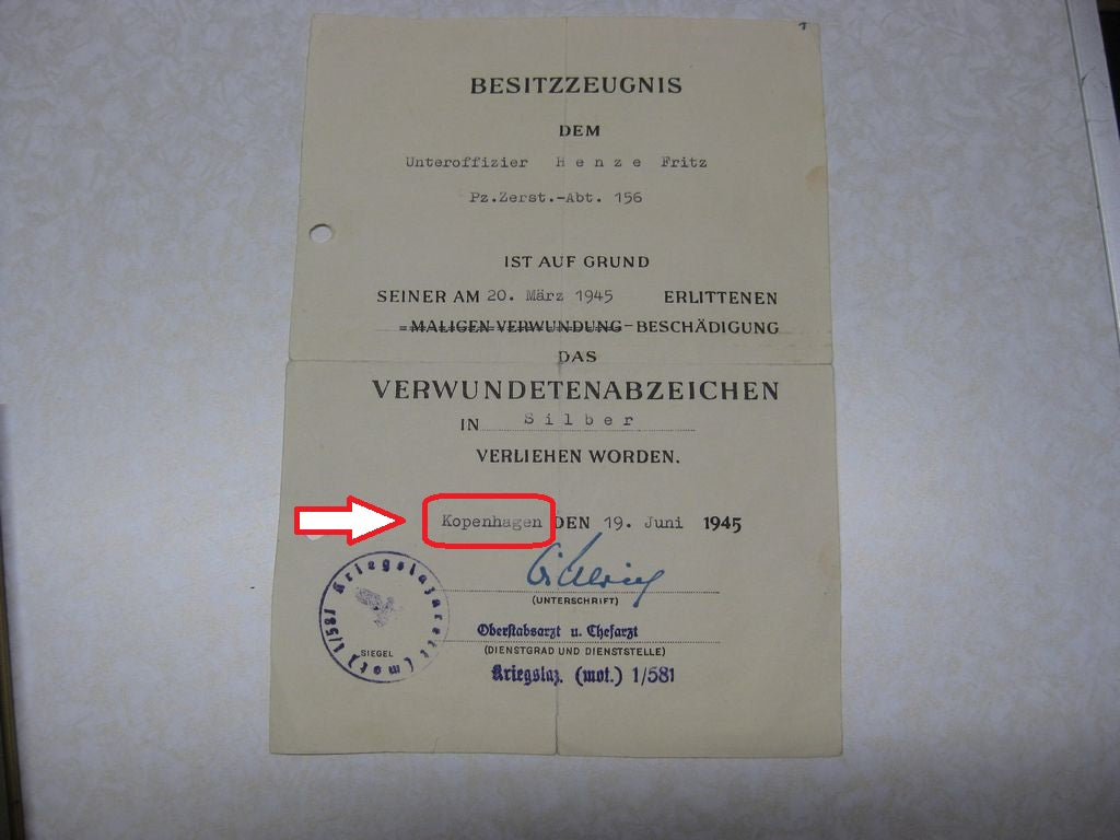 Verleihungsurkunde Verwundetenabzeichen Nahkämpfer Einzelkämpfer PANZER ZERSTÖRER ABTEILUNG 156 DÄNEMARK !!! Wehrmacht