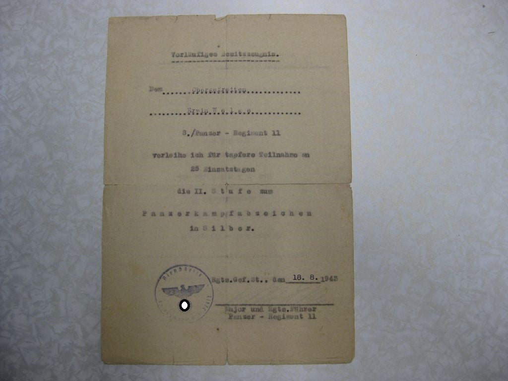 Verleihungsurkunde Panzertruppe Panzerkampfabzeichen mit Einsatzzahl 25 Wehrmacht - Paderborn