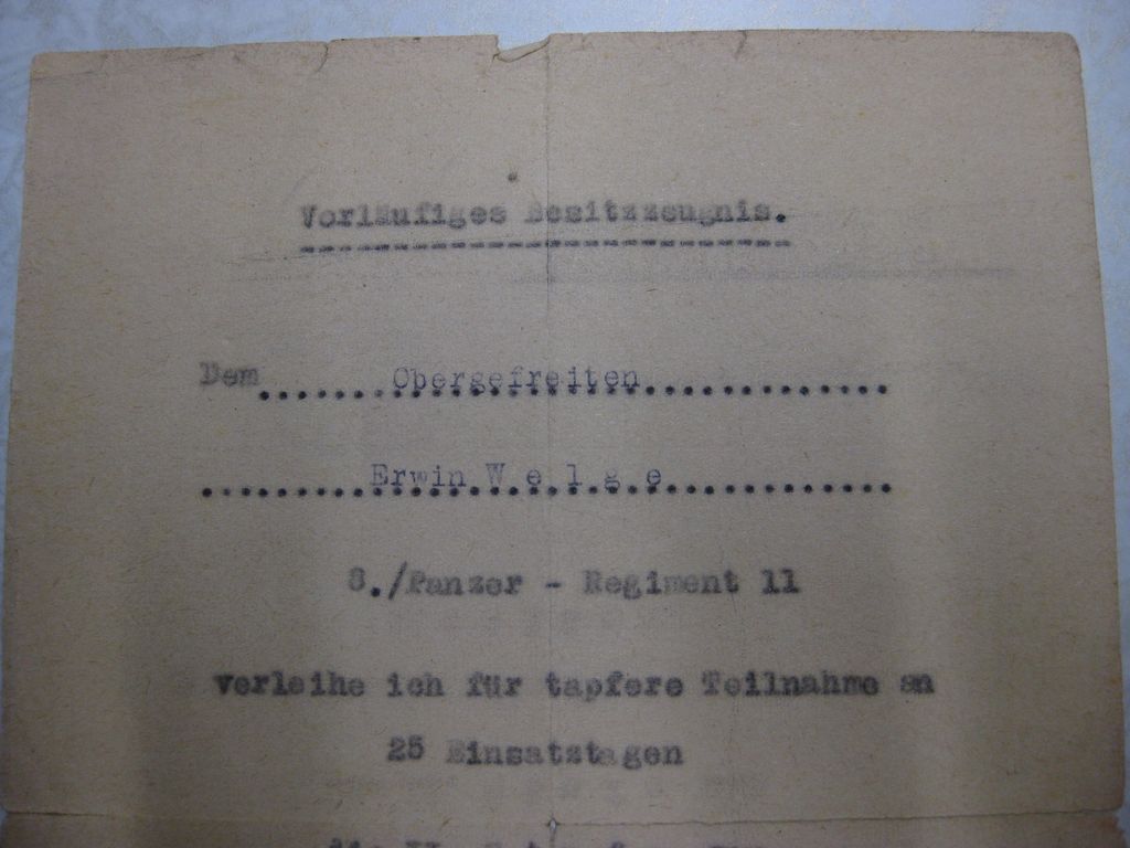 Verleihungsurkunde Panzertruppe Panzerkampfabzeichen mit Einsatzzahl 25 Wehrmacht - Paderborn