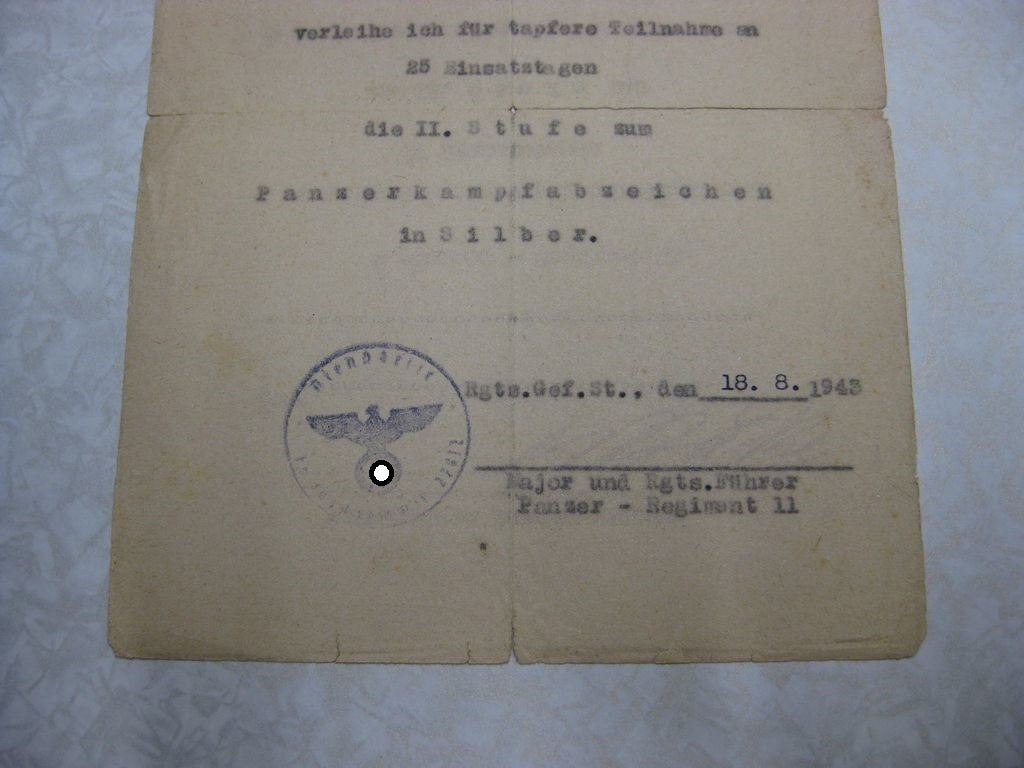 Verleihungsurkunde Panzertruppe Panzerkampfabzeichen mit Einsatzzahl 25 Wehrmacht - Paderborn
