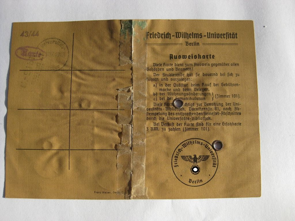 Deutsche Studenteschaft (DSt) Hannover / Berlin Ausweis (NSDStB) HANNOVER &amp; BERLIN