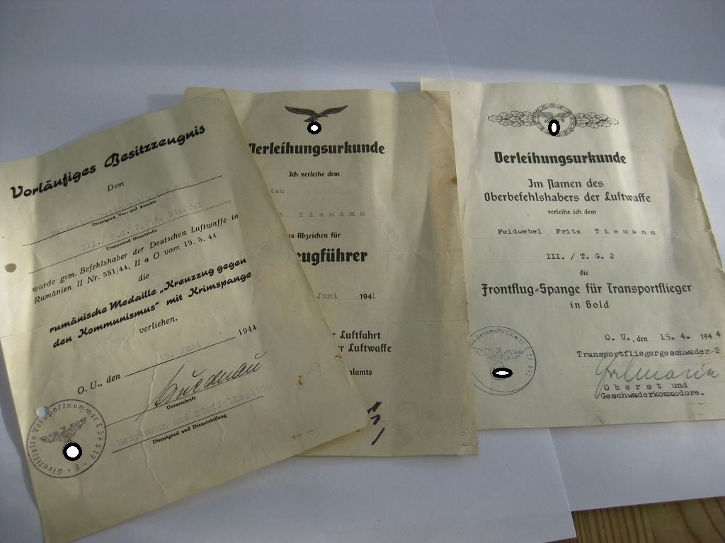 3 Verleihungsukunden Luftwaffe Krimspange / Rumänien Transportflieger Wehrmacht