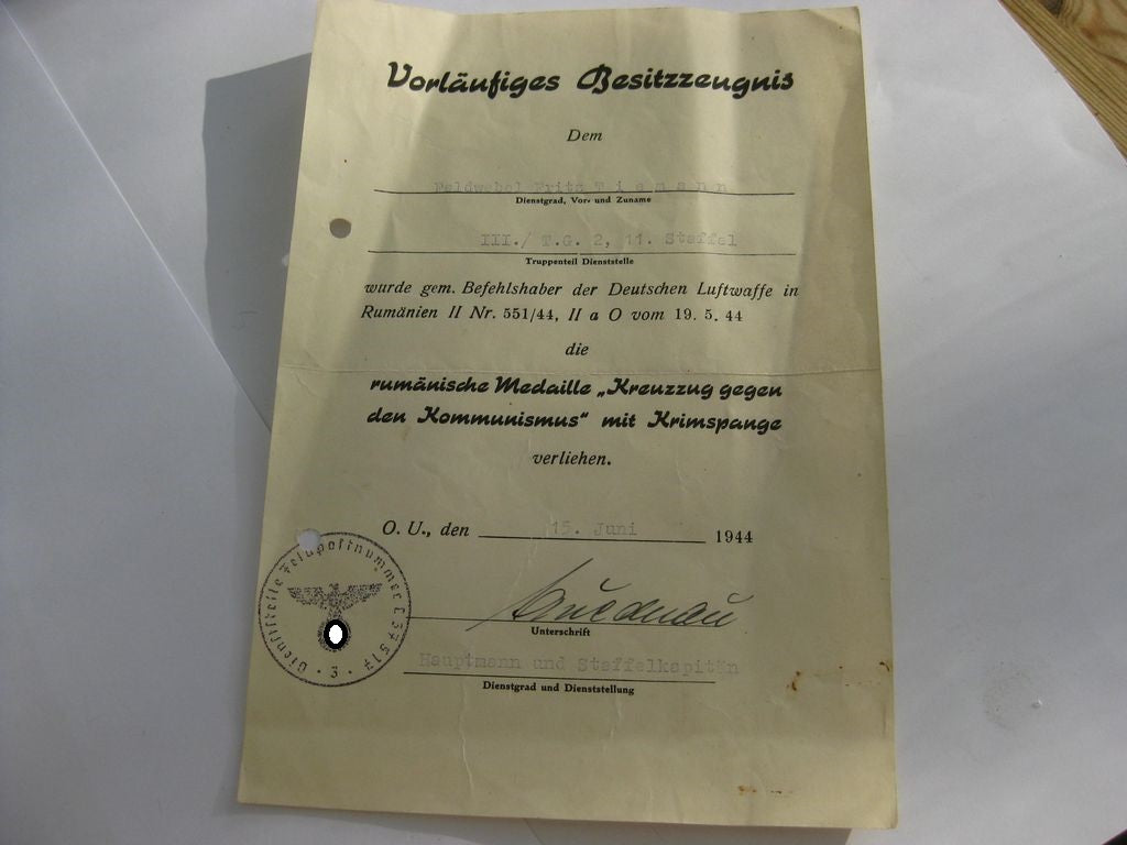 3 Verleihungsukunden Luftwaffe Krimspange / Rumänien Transportflieger Wehrmacht