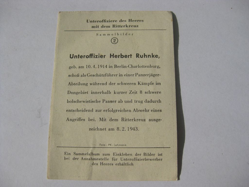 Sammlerkarte Sammelbildchen Propagandakompanie Ritterkreuz des Eisernes Kreuz Wehrmacht Orden