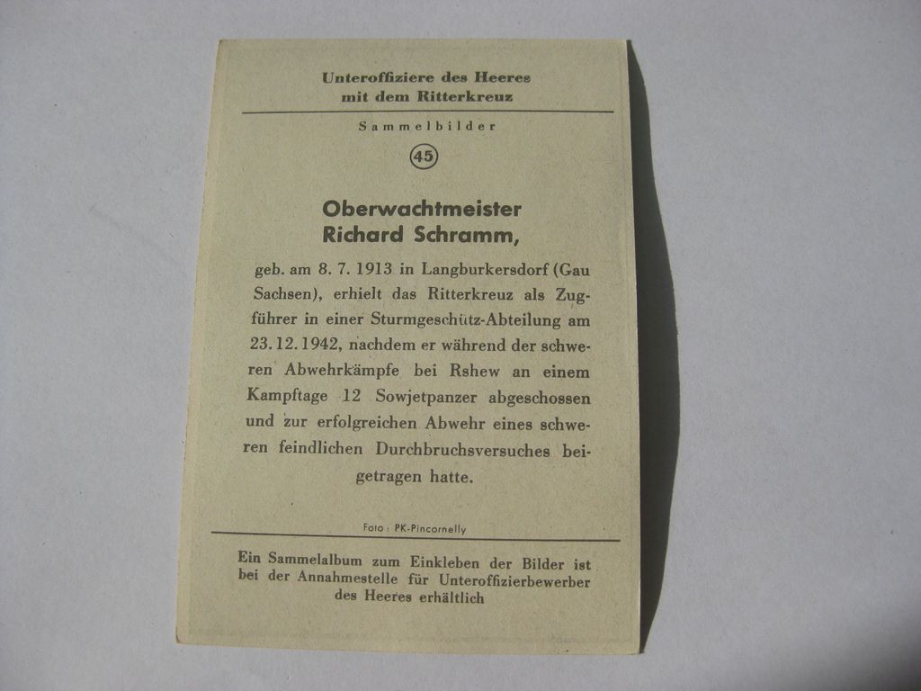 Sammlerkarte Sammelbildchen Propagandakompanie Ritterkreuz des Eisernes Kreuz Wehrmacht Orden