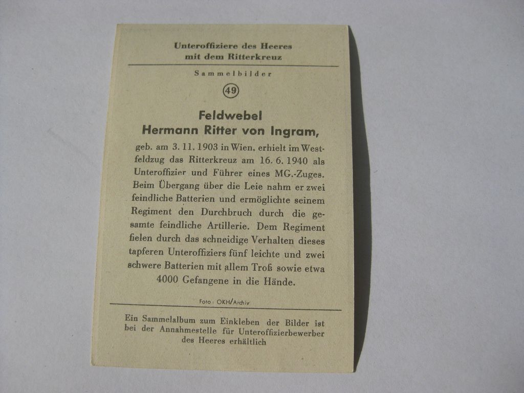 Sammlerkarte Sammelbildchen Propagandakompanie Ritterkreuz des Eisernes Kreuz 1939 Wehrmacht Orden