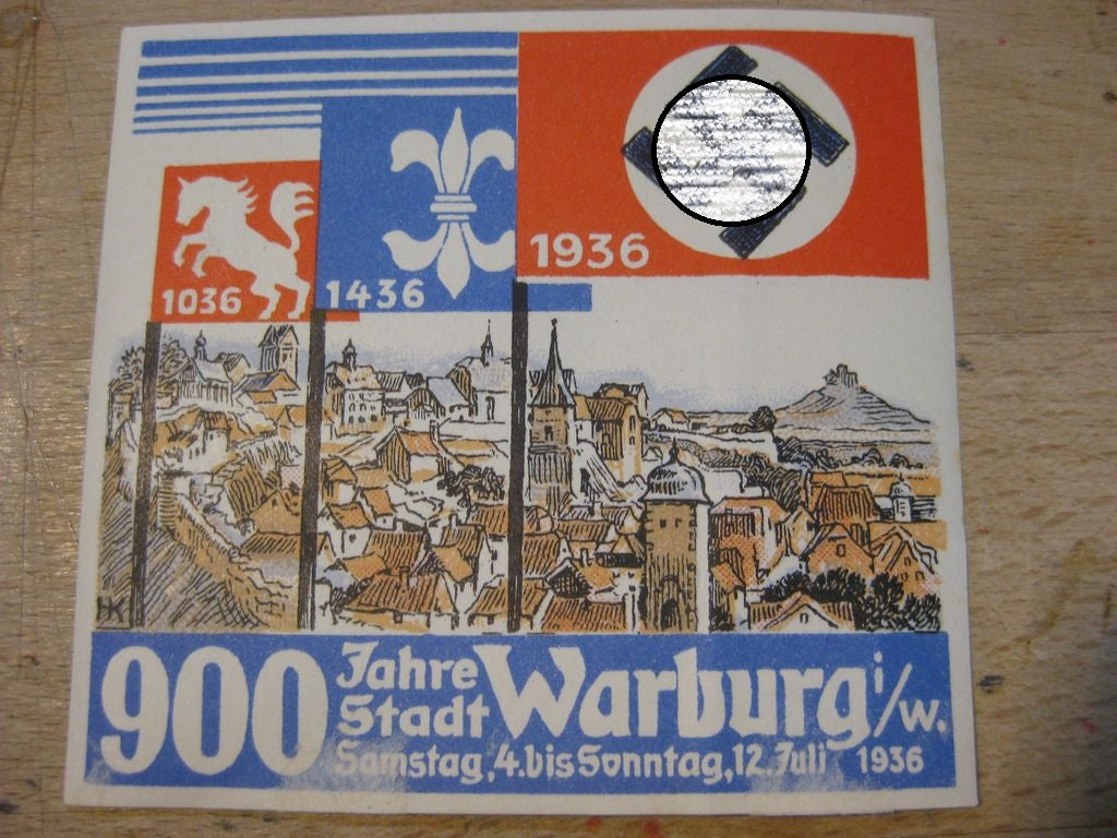 Original Werbeaufkleber 900 Jahre Stadt WARBURG in Westfahlen 1936