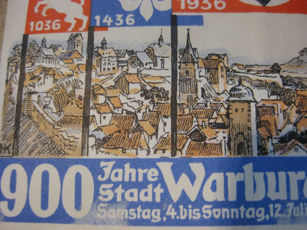 Original Werbeaufkleber 900 Jahre Stadt WARBURG in Westfahlen 1936