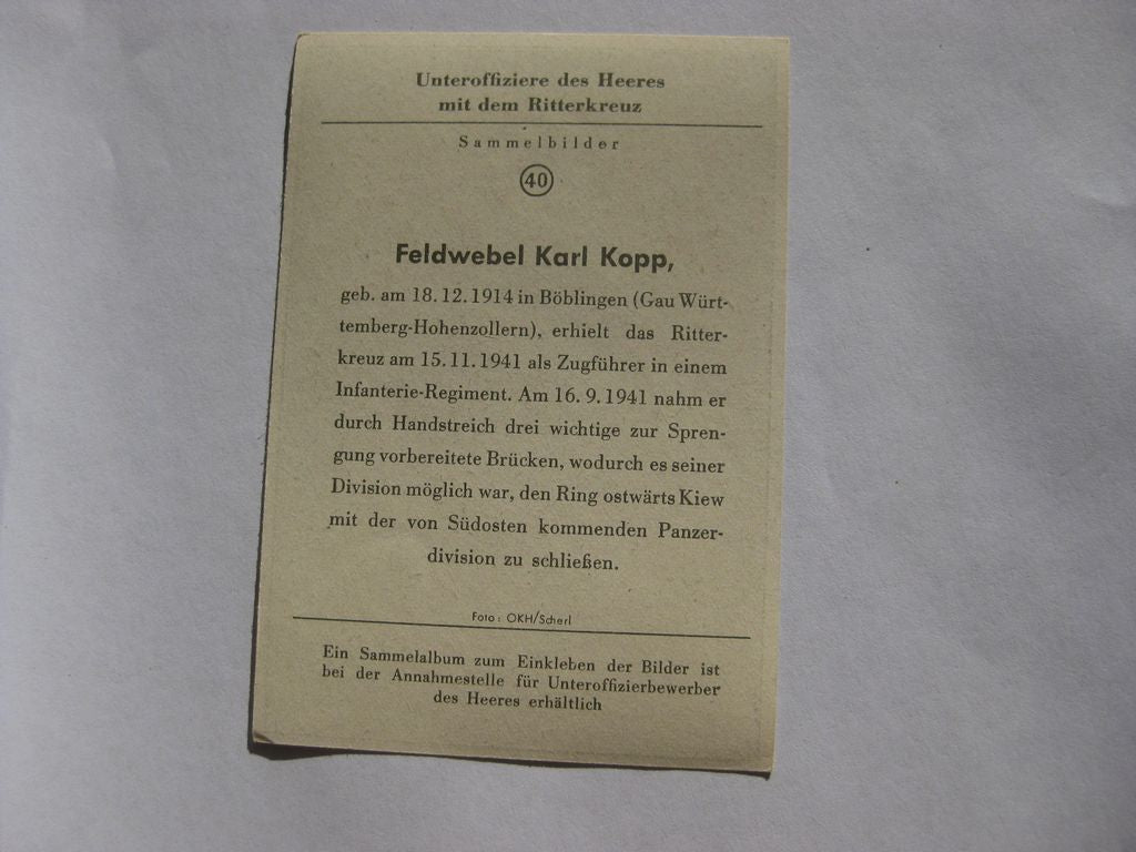 Sammlerkarte Sammelbildchen Propagandakompanie Ritterkreuz des Eisernes Kreuz 1939 Wehrmacht Orden