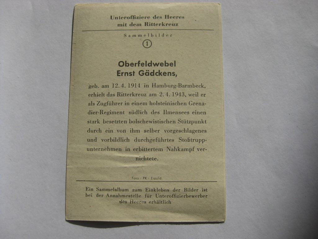 Sammlerkarte Sammelbildchen Propagandakompanie Ritterkreuz des Eisernes Kreuz 1939 Wehrmacht Orden