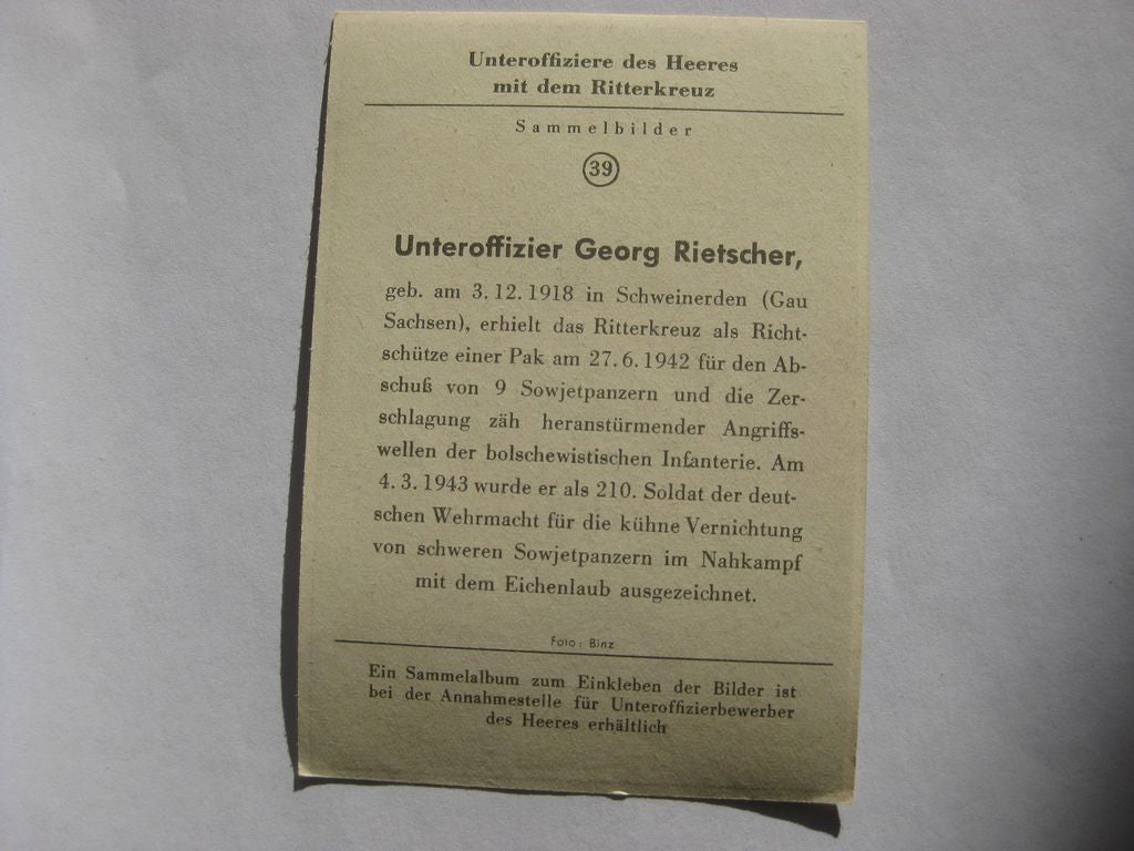 Sammlerkarte Sammelbildchen Propagandakompanie Ritterkreuz des Eisernes Kreuz 1939 Wehrmacht Orden