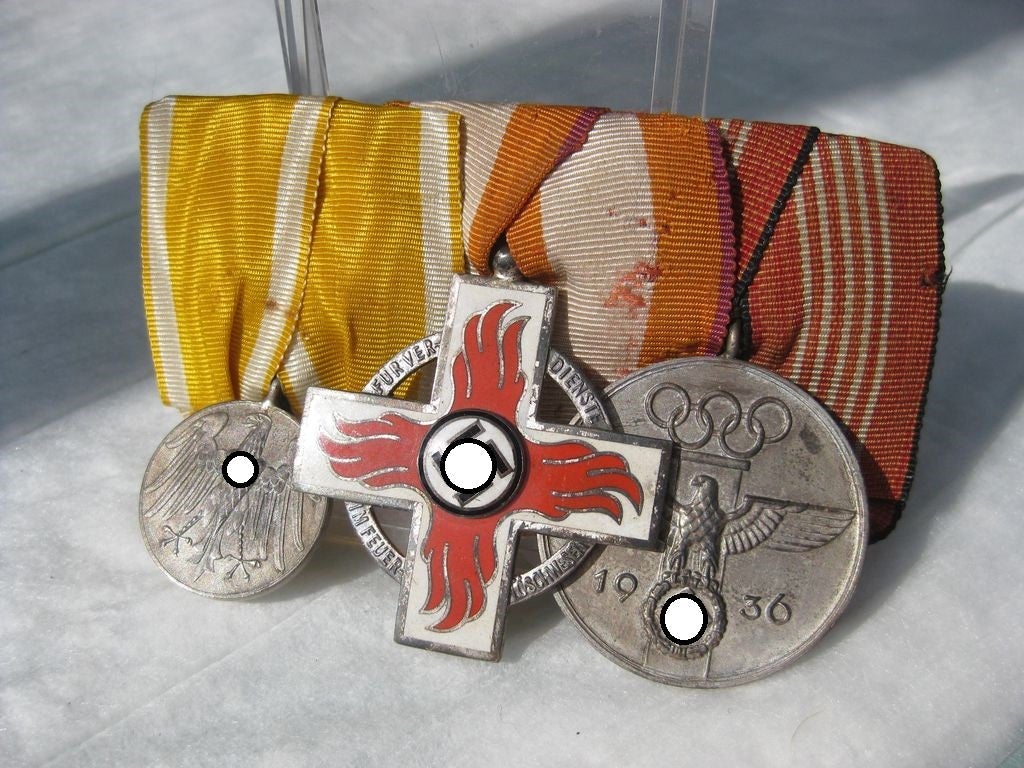 3er Ordensspange Rettungsmedaille Feuerwehr Ehrenzeichen 2.Stufe Olympiamedaille Erinnerungsmedaille 1936 3.Reich Feuerwehrorden Reichsfeuerwehrehrenzeichen