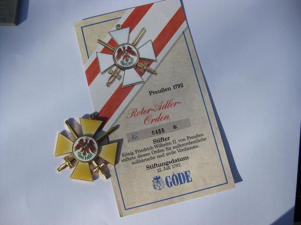 Göde Preußen 1792 Orden Roter Adler Orden 1.Klasse mit Schwertern Sammleranfertigung / Museumsanfertigung