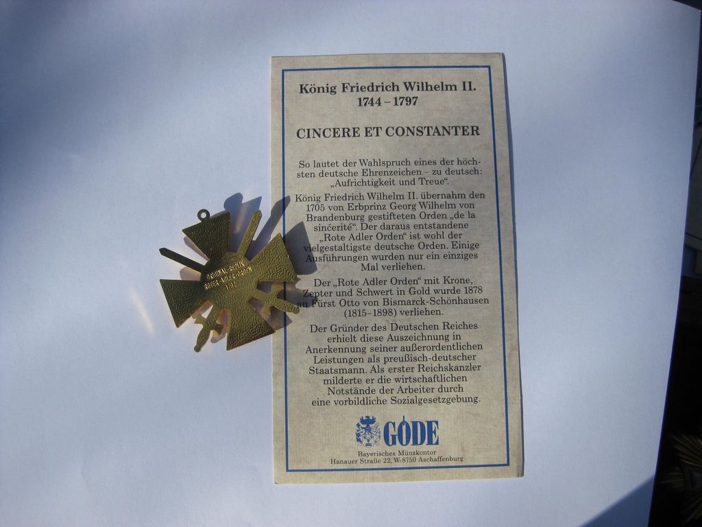 Göde Preußen 1792 Orden Roter Adler Orden 1.Klasse mit Schwertern Sammleranfertigung / Museumsanfertigung