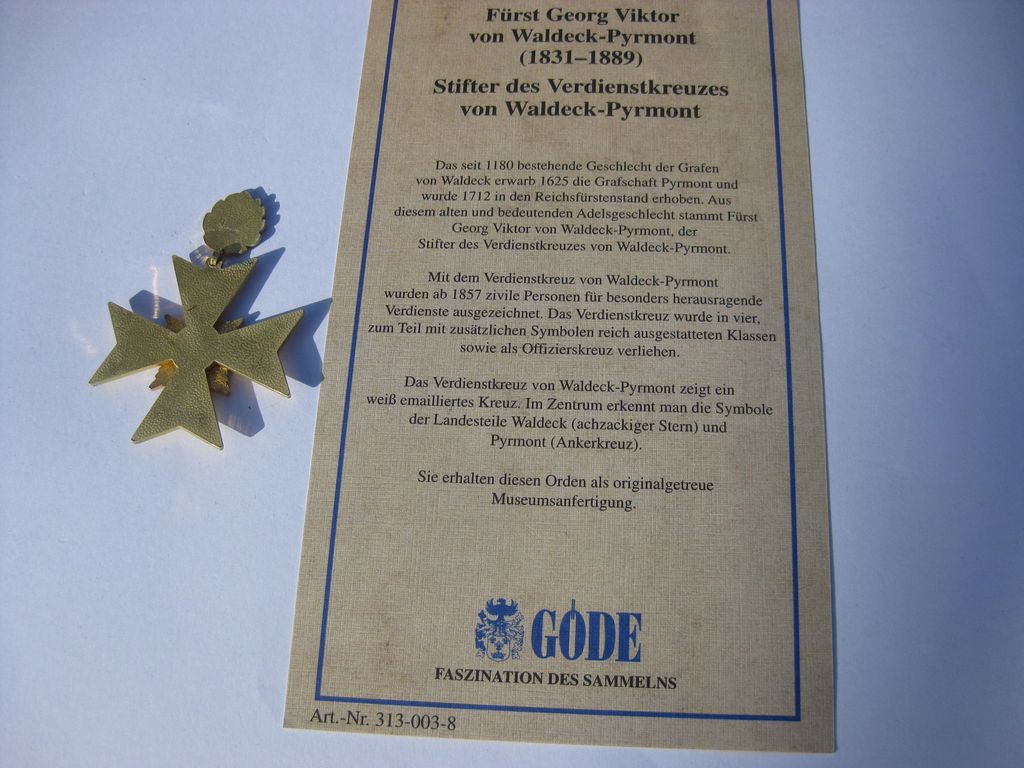 Göde Waldeck &amp; Pyrmont 1857 Orden Ritterkreuz Verdienstkreuz Sammleranfertigung / Museumsanfertigung