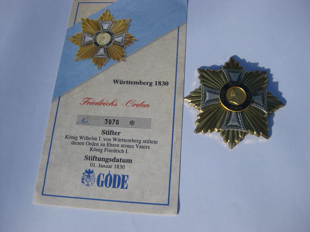 Göde Württemberg 1830 Friedrichs Orden Bruststern Sammleranfertigung / Museumsanfertigung
