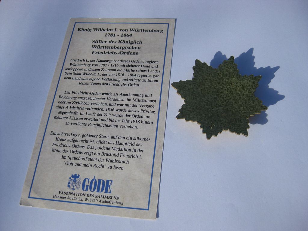 Göde Württemberg 1830 Friedrichs Orden Bruststern Sammleranfertigung / Museumsanfertigung