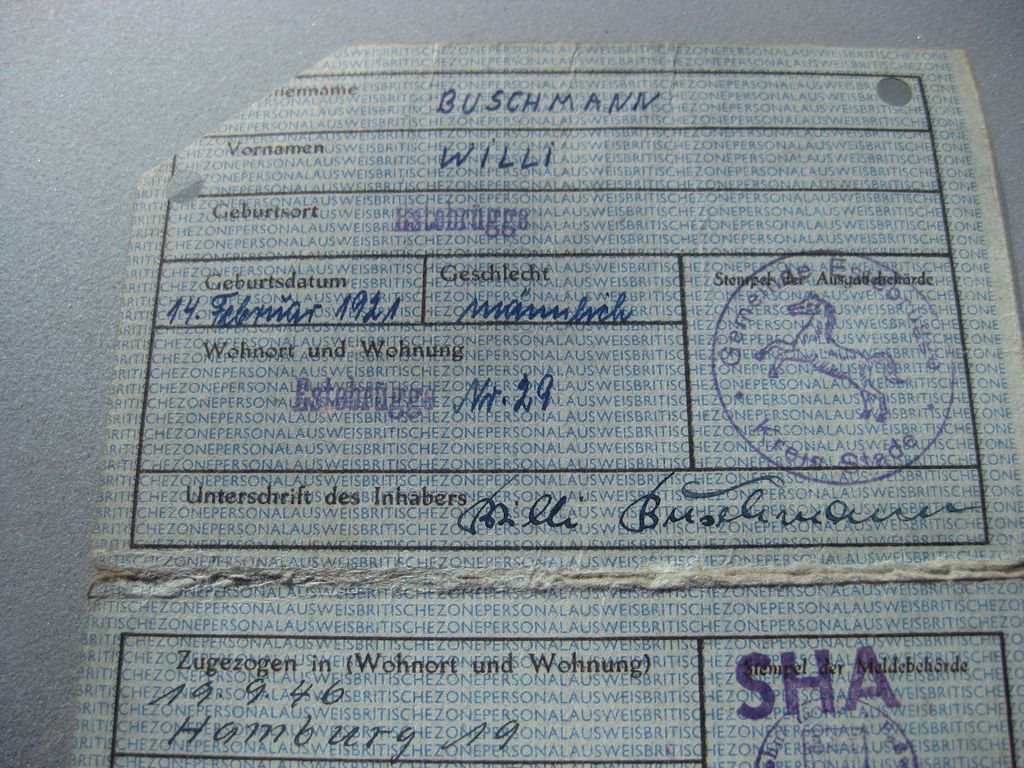 Personalausweis britische Zone Hansestadt Hamburg