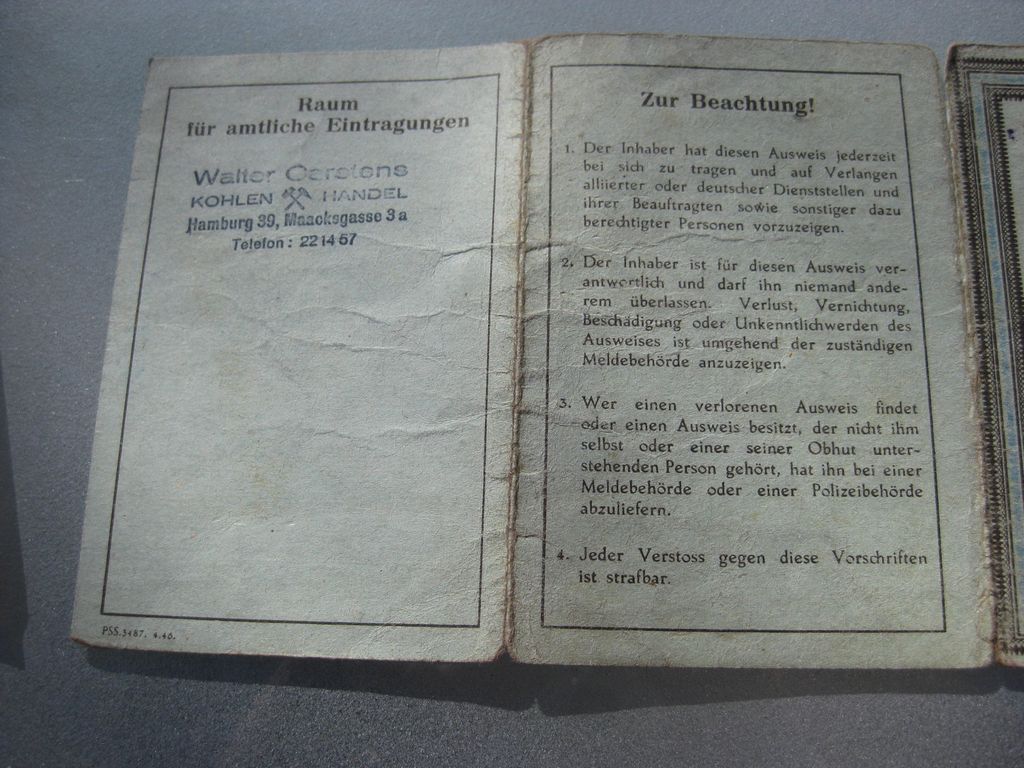 Personalausweis britische Zone Hansestadt Hamburg