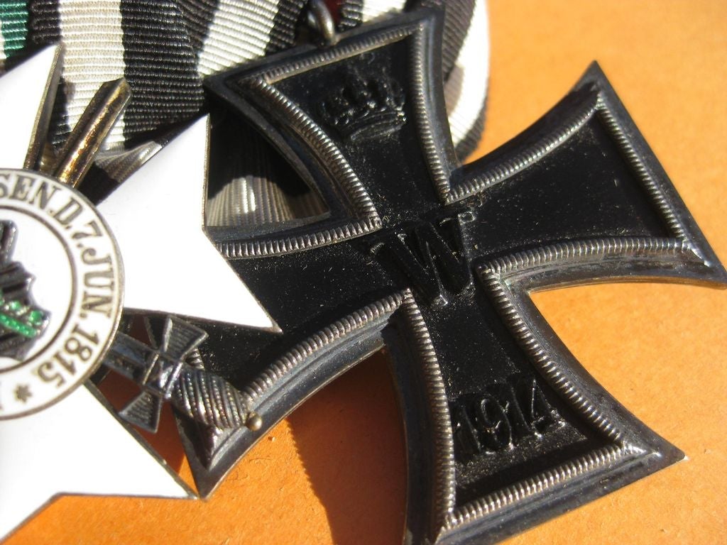 4er Ordenschnalle Ordensspange Eisernes Kreuz 1914 (EK2/14)  Ritterkreuz Albrechtsorden 2.Klasse mit Schwertern Zivilverdienstorden Sachsen 1.Weltkrieg Orden Kaiserreich Miniaturkettchen und Feldspange SCHARFFENBERG in DRESDEN