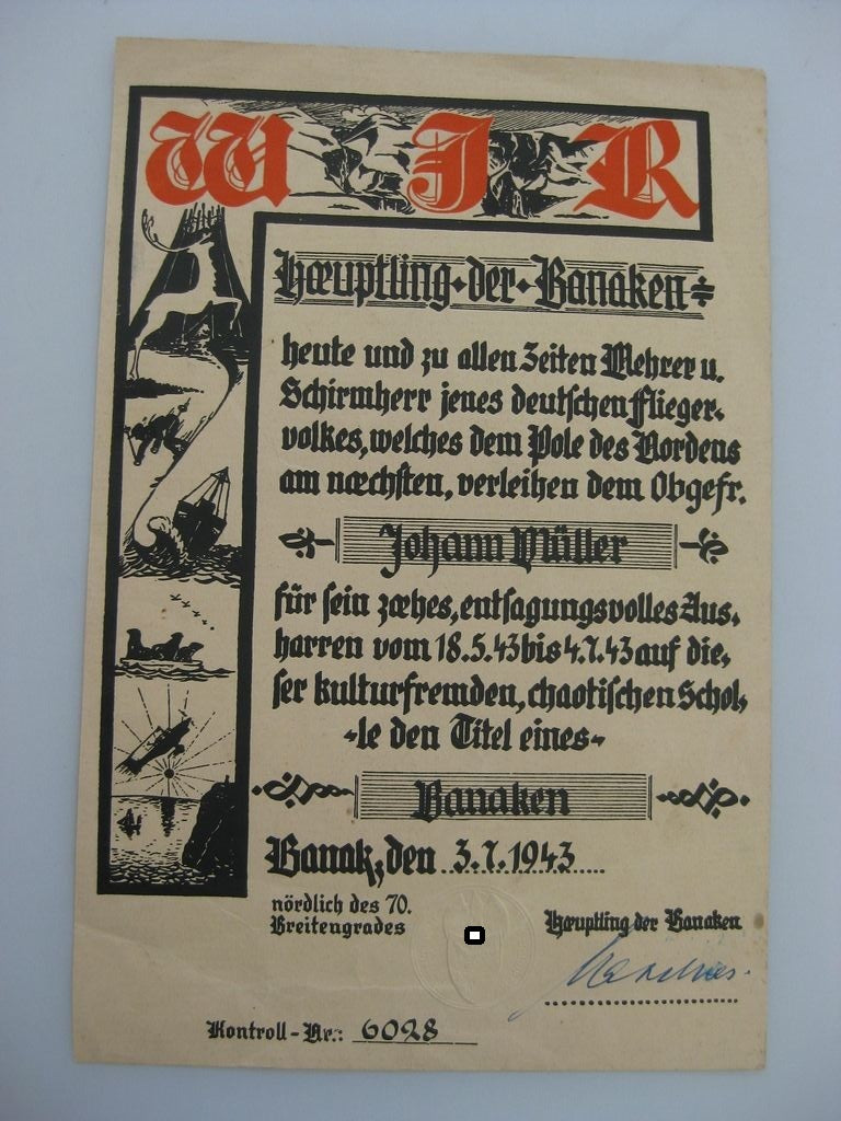 Große Urkunde KG 100 Wiking-Geschwader Luftwaffe Norwegen BANAKE 1943